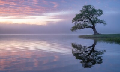 A lone tree sits by calm water, reflecting a colorful dawn sky