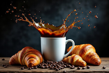 Coffee splash with fresh croissants and coffee beans on wooden table, dark background for breakfast concept