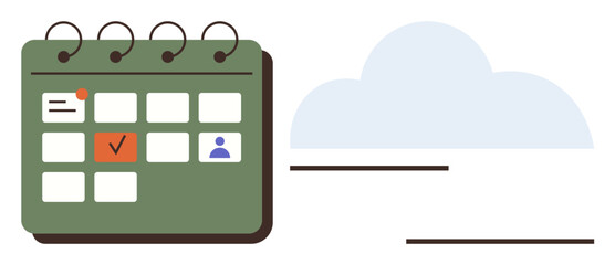 Spiral-bound calendar with marked entries, checkmarks, and user icons beside a cloud. Ideal for scheduling, time management, productivity, collaboration, digital planning, organization task