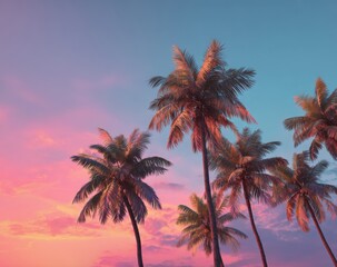 Obraz premium Silhouettes of tall palm trees against vibrant pink and blue sunset sky