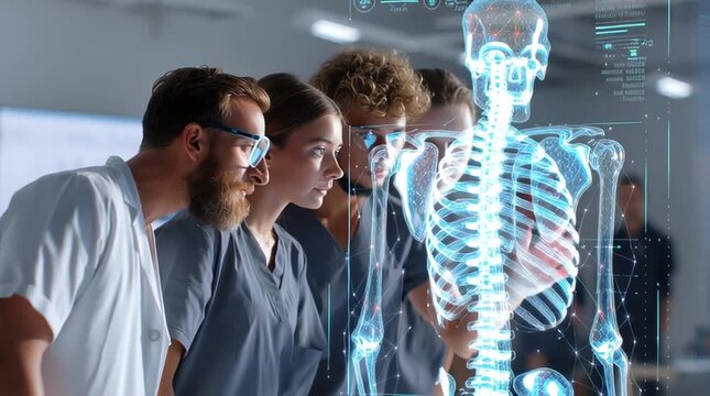 Medical students studying holographic skeleton model