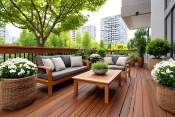 Fototapeta premium Cozy outdoor balcony deck creating an urban oasis