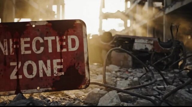 Discovery of a weathered, perhaps blood-stained,  Infected Zone sign amidst a scene of destruction. 