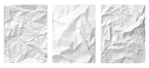 Three sheets of heavily crumpled white paper are framed in black borders, showing texture