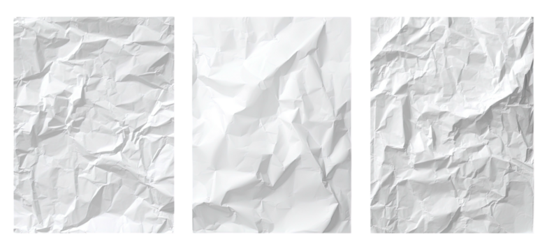 Three sheets of heavily crumpled white paper are framed in black borders, showing texture