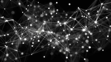 Abstract network connection with glowing nodes and lines on black background representing digital technology and data communication concept