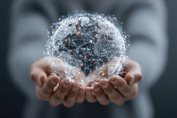 Holding the digital world in your hand as a network of connected dots and lines representing global communication
