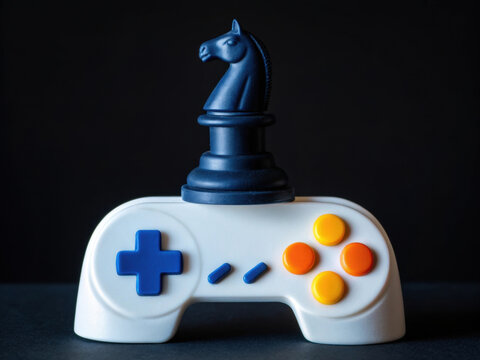 Chess Knight Piece on White Game Controller Black Background Gaming and Strategy Concept