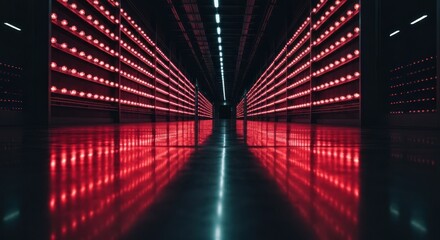 A long, symmetrical corridor bathed in red light, with rows of glowing dots
