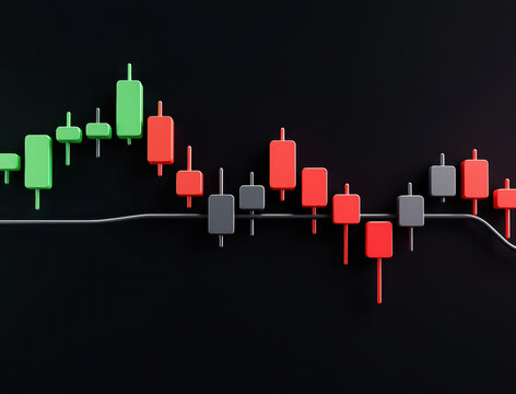 Candlestick chart showing market fluctuations, 3D rendering stock trading data on dark background - Powered by Adobe