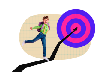 Composite photo collage of happy schoolboy run development arrow target progress back to school concept isolated on painted background