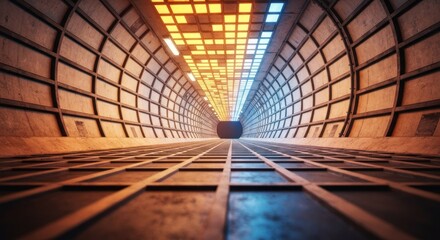 A long, symmetrical tunnel with grid-patterned floor and walls, fading light at end