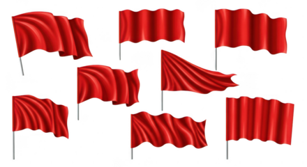 Collection of waving red flags on poles isolated on transparent background