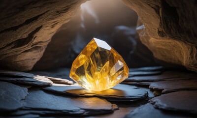 A luminous golden crystal nestled within a dark cave, illuminated by a hidden light source