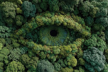 Giant eye made of rock and grass hidden among lush green trees in Maharashtra, India, creating an earthwork structure