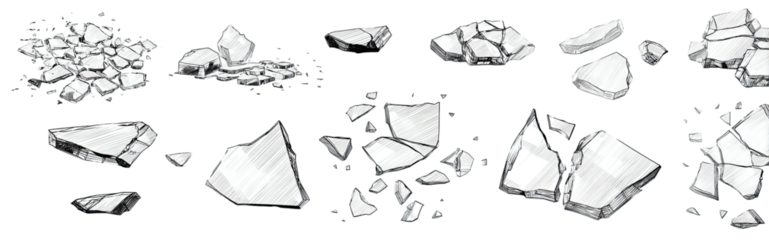 Illustrative graphic of varying white stone pieces in a range of sizes, shapes, and arrangements on black background