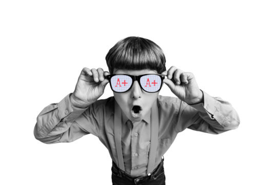 Composite photo collage of astonished small boy geek glasses best mark school best pupil education concept isolated on painted background