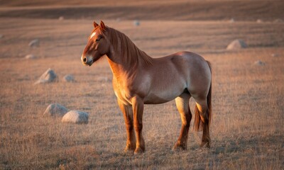 A majestic brown horse stands in a sunlit field, rocks scattered around
