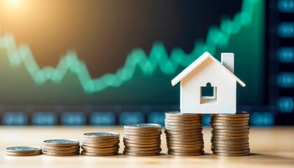 A small white house model sits atop stacks of coins, symbolizing real estate investment and financial growth. A green graph in the background indicates rising trends.