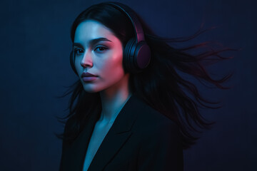 Studio portrait of woman in headphones under teal-magenta light; modern music and tech vibe, calm focus. generative AI