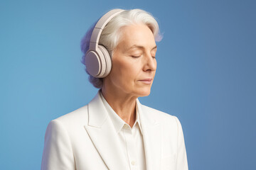 Stylish senior woman in white suit with headphones, eyes closed enjoying audio—calm tech. generative AI