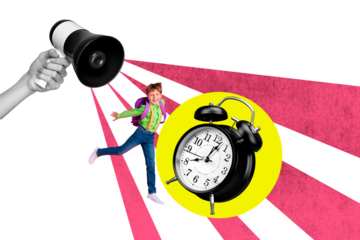 Composite trend artwork sketch image photo collage of hand hold loudspeaker proclaim small young school age boy backpack clock time