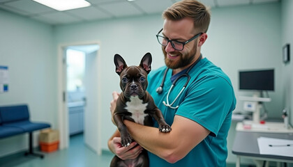 A young caucasian man with glasses holds a small brown French Bulldog in a veterinary clinic. The room is bright and equipped for pet care.