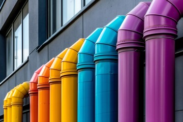 Colorful pipes creating a vibrant rainbow pattern on building facade