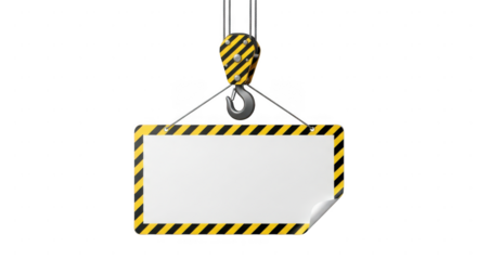 Crane hook lifting a blank warning sign with yellow and black stripes isolated on transparent background