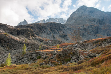 Picturesque view of Altai mountains from Akchan valley in the evening light, Russian Federation