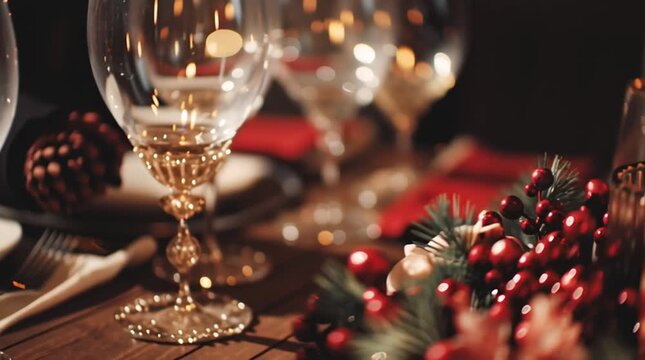 Christmas table setting with decorations and wine glasses