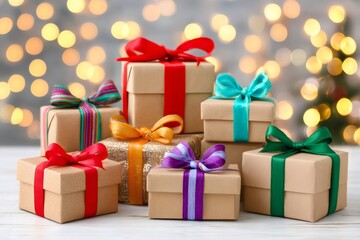 Fototapeta premium Gifts wrapped with colorful ribbons celebrating holiday season