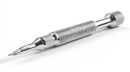 Professional metal automatic center punch tool with textured grip handle isolated on white background. Precision metalworking carpentry equipment for workshop projects