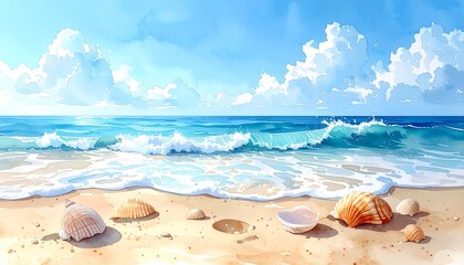 Obraz premium Peaceful Beach Shore with Gentle Ocean Waves in Watercolor Style