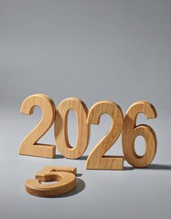 Slightly stylish wooden numbers '2026' placed on a smooth gray background, with an additional number '5' lying separately.