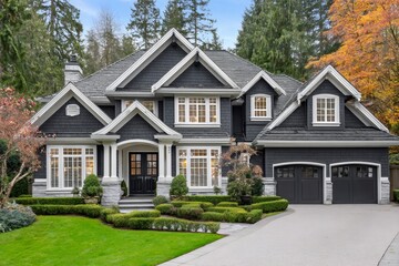 Obraz premium Luxury family home exterior with elegant landscaping enjoying autumn