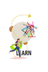 Creative poster collage of funny boy running have fun school day shopping kids education concept bizarre unusual fantasy billboard comics
