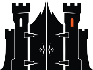 Black silhouette of a scary gothic castle or fortress gate with two fortified towers and a single orange light in a window, designed for a dark fantasy, medieval, or spooky halloween vector icon.