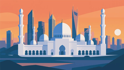 Illustration Of The Magnificent White Sheikh Zayed Mosque With Skyscrapers In The Background Vector Design Template