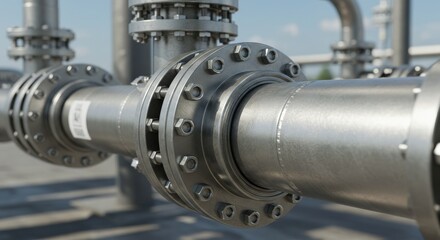 Closeup of industrial pipeline with flanges and bolts in a factory setting