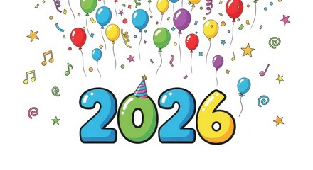 Happy New Year 2026 Celebration - A colorful illustration for the year 2026 with balloons, confetti, and a party hat. Perfect for celebrations and greetings