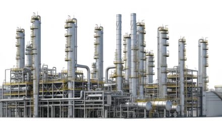 Complex industrial oil refinery complex with distillation towers isolated on transparent background