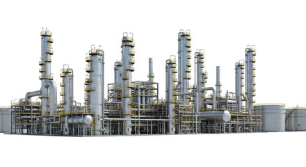 Obraz premium Industrial oil refinery complex with tall distillation towers isolated on transparent background