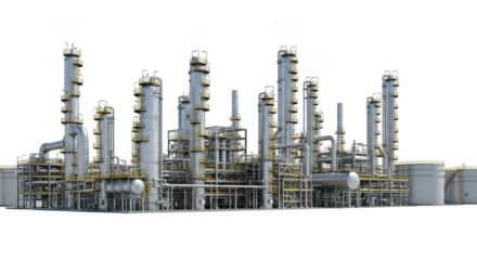 Industrial oil refinery complex with tall distillation towers isolated on transparent background