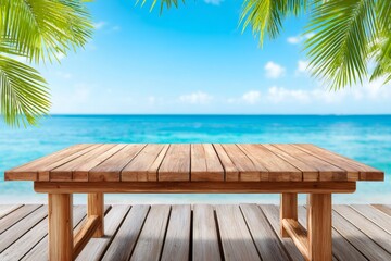 Fototapeta premium Wooden table on a pier overlooking a tropical ocean