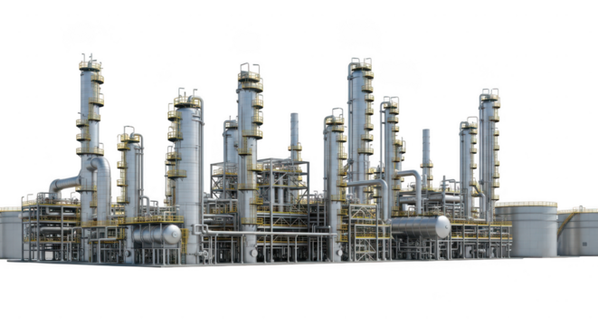 Industrial oil refinery complex with tall distillation towers isolated on transparent background