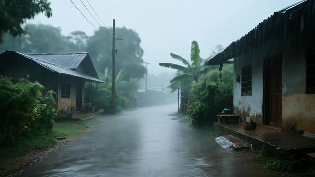 Rural landscape in torrential rain featuring houses and lush green vegetation