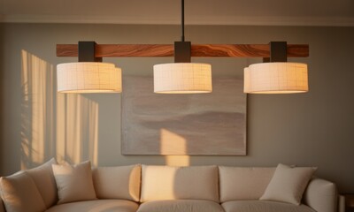 A modern living room scene with a wooden light fixture, sofa, and artwork