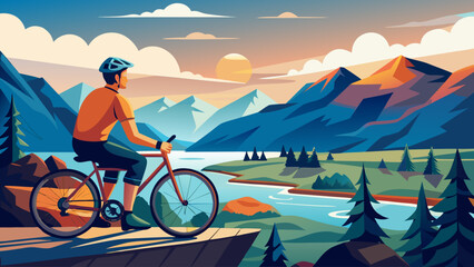 A man is riding a bicycle on a mountain trail. The sky is blue and the sun is setting. The mountains in the background are majestic and the river is calm. The scene is peaceful and serene