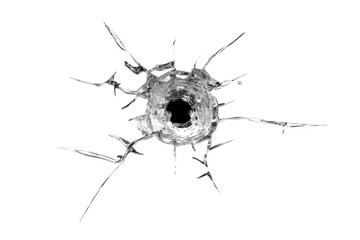 A close-up, high-contrast image of a bullet hole shattering a transparent surface